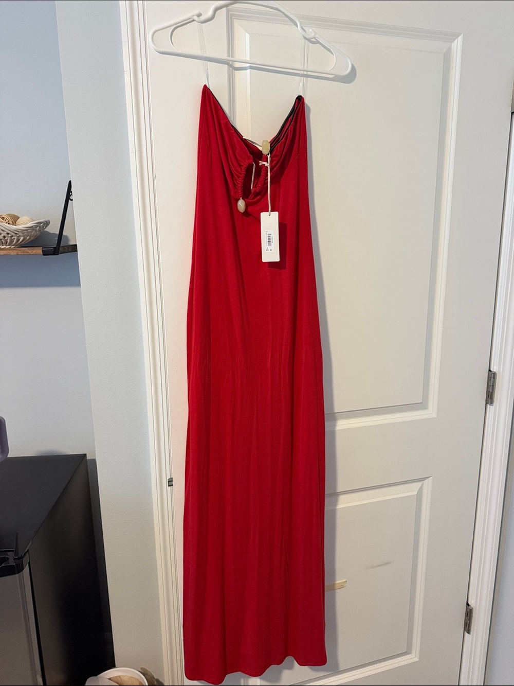 Altar'd State Red Halter Maxi Dress with Wooden Bead Detail